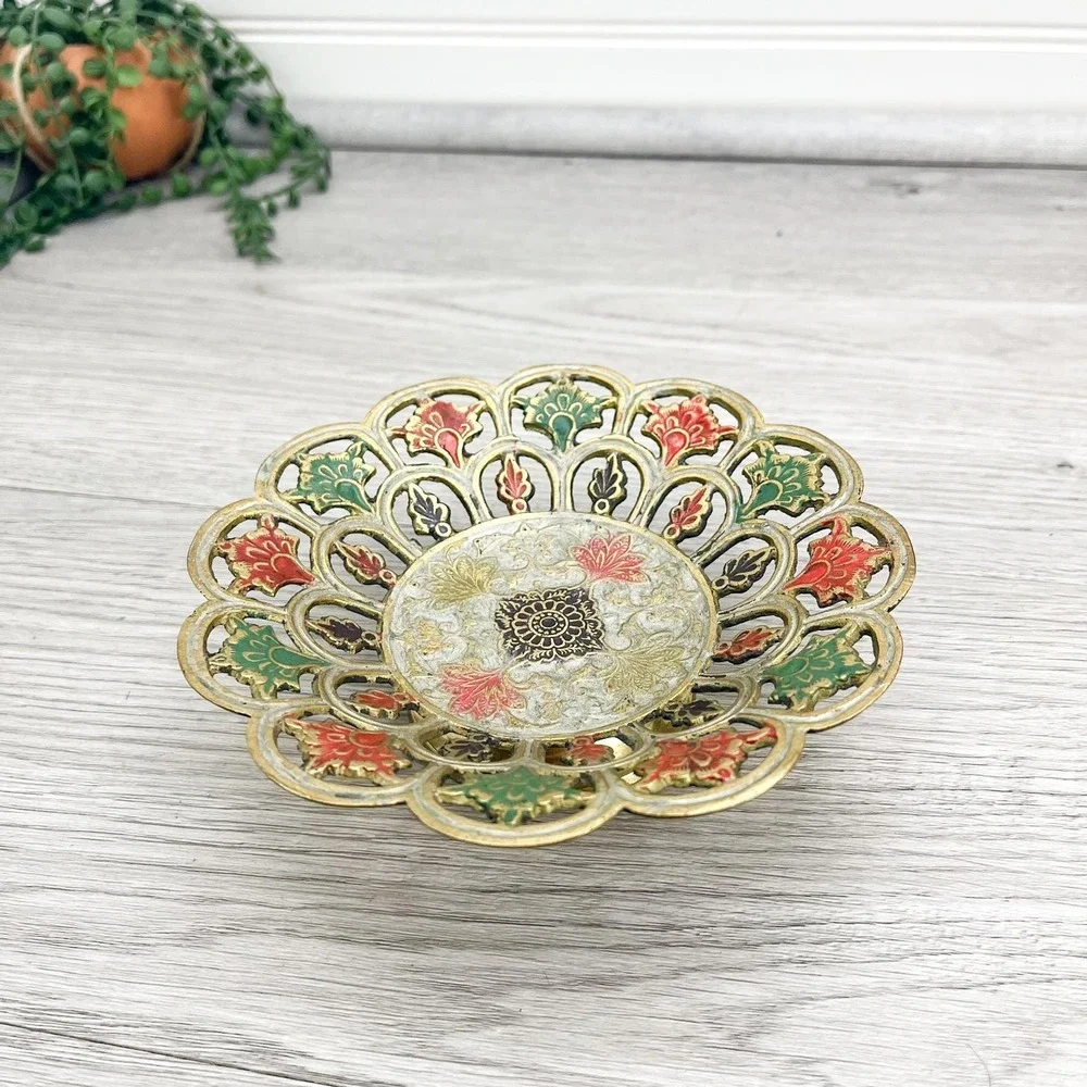 Vintage Enameled Brass Trinket Dish‎